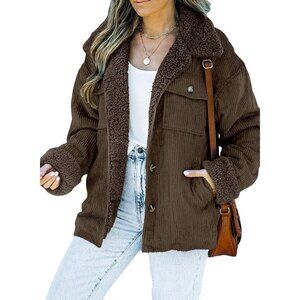 Women's A Dark Brown Jacket Vests Coat Fleece Fur Collar Button Down Winter Warm